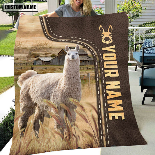 Uni Personalized Name Llama Leather Pattern Blanket