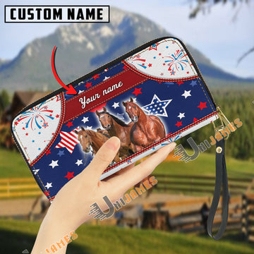 Uni American Quarter Horse America Lover Custom Name 3D Leather Clutch
