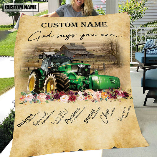 God Says You Are - Uni Personalized Name Tractor Blanket