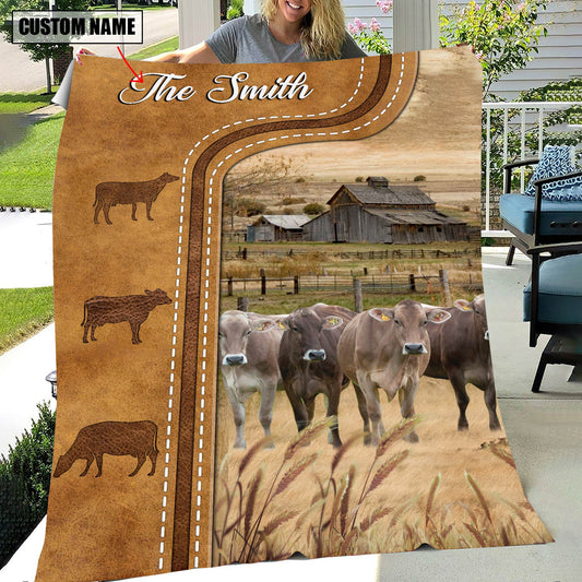 Uni Personalized Brown Swiss Cattle In Field Farmhouse Blanket