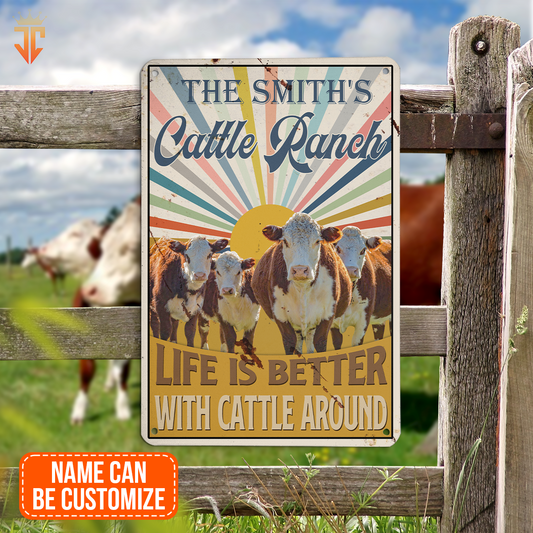 uni Personalized Hereford Life is better with cattle around All Printed 3D Metal Sign