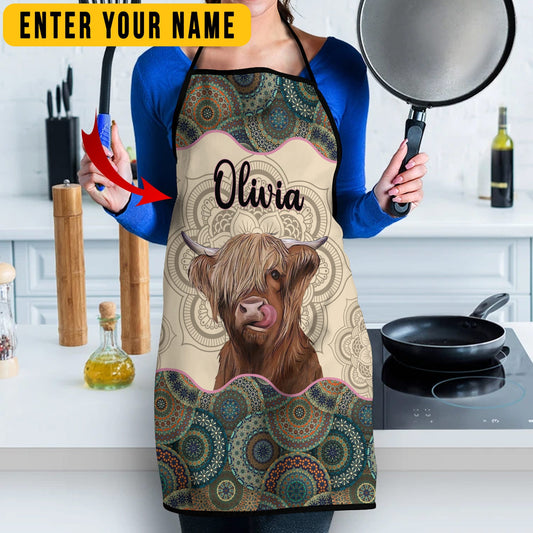 Uni Personalized Name Mandala Pattern Highland All Over Printed 3D Apron