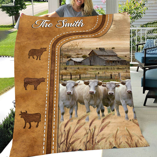 Uni Personalized Charolais Cattle In Field Farmhouse Blanket