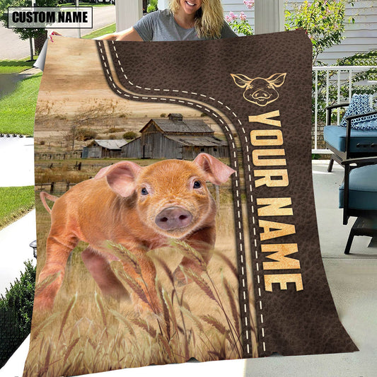 Uni Personalized Name Pig Brown Leather Pattern Blanket
