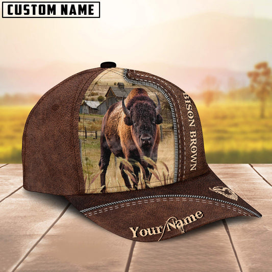 Uni Bison Brown Customized Name Leather Pattern Cap