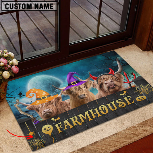 Uni Highland Farmhouse Halloween Custom Name Doormat