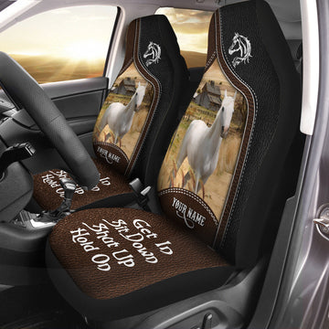 Uni White Horse Personalized Name Black And Brown Leather Pattern Car Seat Covers Universal Fit (2Pcs)