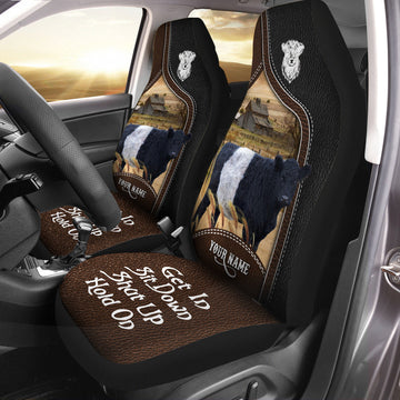 Uni Belted Galloway Personalized Name Black And Brown Leather Pattern Car Seat Covers Universal Fit (2Pcs)