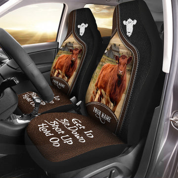 Uni Red Angus Personalized Name Black And Brown Leather Pattern Car Seat Covers Universal Fit (2Pcs)