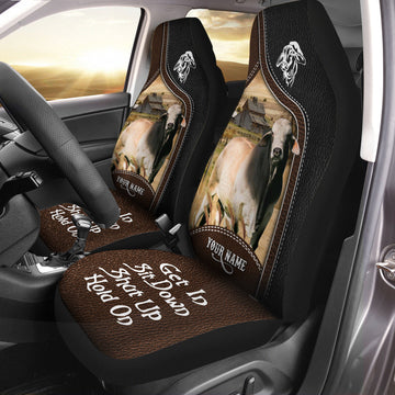 Uni Brahman Cattle Personalized Name Black And Brown Leather Pattern Car Seat Covers Universal Fit (2Pcs)