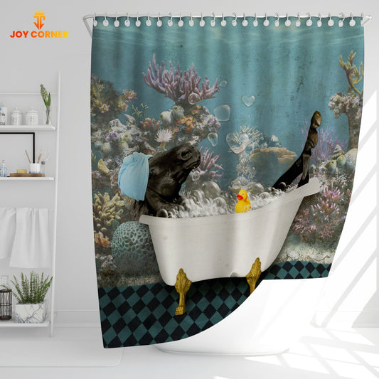 Uni Black Horse Taking Shower Under The Sea 3D Shower Curtain