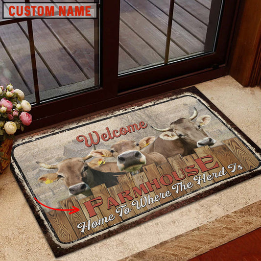 Uni Brown Swiss Custom Name - Home To Where The Herd Is FarmHouse Doormat