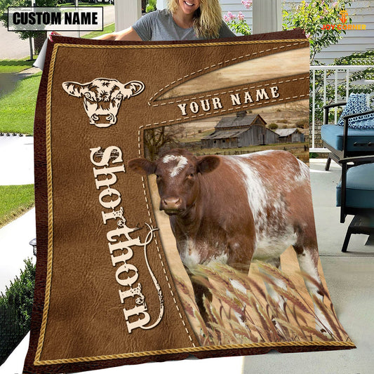 Uni Personalized Name Shorthorn Farm Leather Brown Blanket