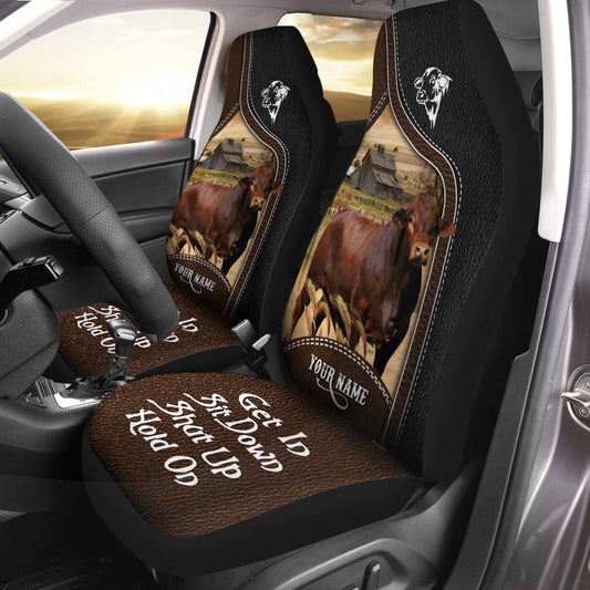 Uni Beefmaster Personalized Name Black And Brown Leather Pattern Car Seat Covers Universal Fit (2Pcs)