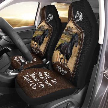 Uni Black Horse Personalized Name Black And Brown Leather Pattern Car Seat Covers Universal Fit (2Pcs)