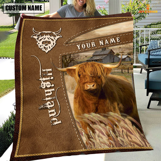 Uni Personalized Name Highland Farm Leather Brown Blanket