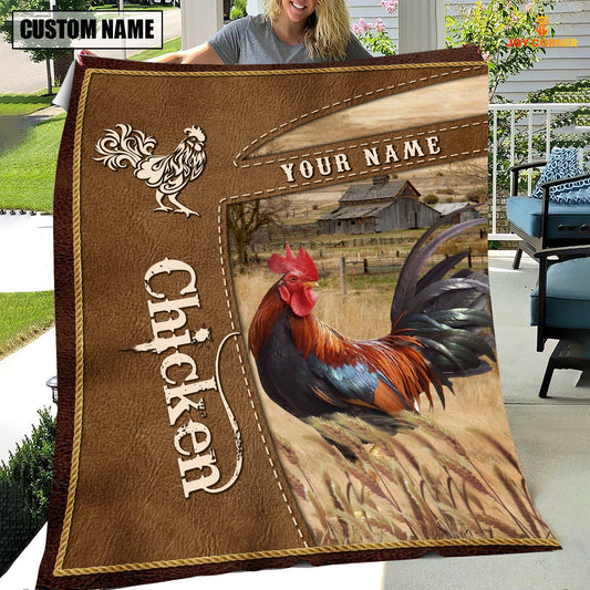 Uni Personalized Name Chicken Farm Leather Brown Blanket