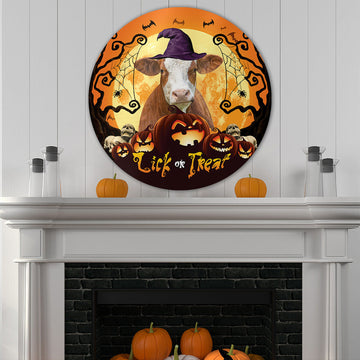 uni Halloween Simmental Cattle All Printed 3D Round Wooden Sign