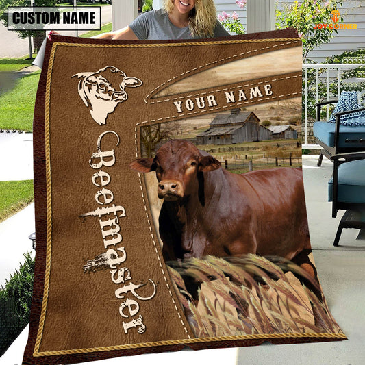 Uni Personalized Name Beefmaster Farm Leather Brown Blanket