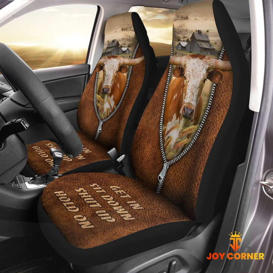 Uni Texas Longhorn Zipper Leather Pattern Car Seat Covers Universal Fit (2Pcs)