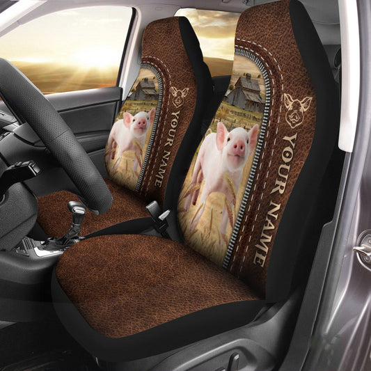 Uni Pig Personalized Name Leather Pattern Car Seat Covers Universal Fit (2Pcs)