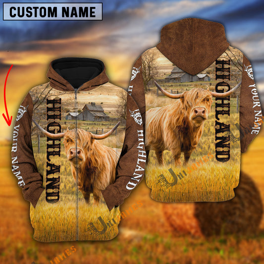 Uni Personalized Name Farm Highland Cattle Brown Hoodie