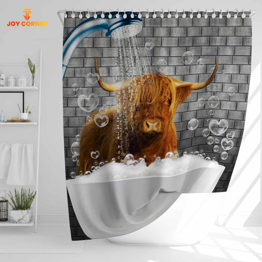 Uni Highland Cattle Brick Wall 3D Shower Curtain