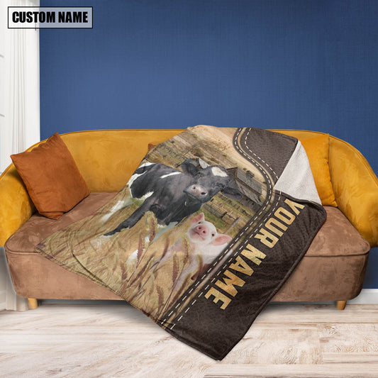 Uni Personalized Name Pig and Cows Leather Pattern Blanket