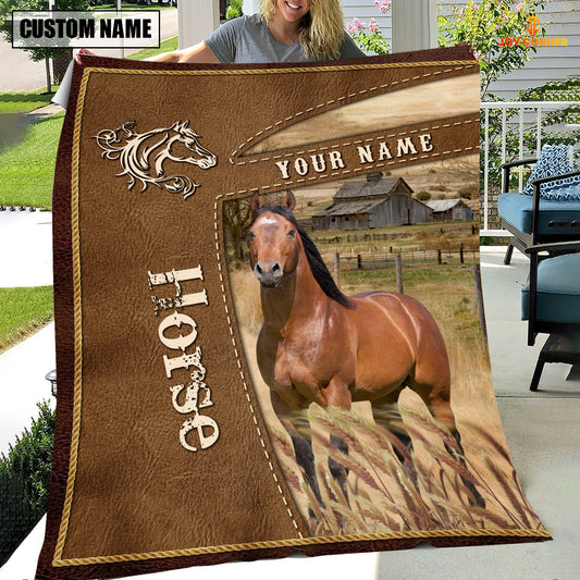 Uni Personalized Name Horse Farm Leather Brown Blanket