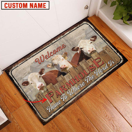Uni Hereford Custom Name - Home To Where The Herd Is FarmHouse Doormat