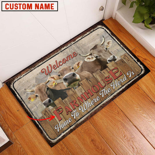 Uni Brown Swiss Custom Name - Home To Where The Herd Is FarmHouse Doormat