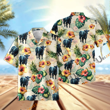 Uni Black Angus Hibiscus Pineapple Hawaiian Shirt