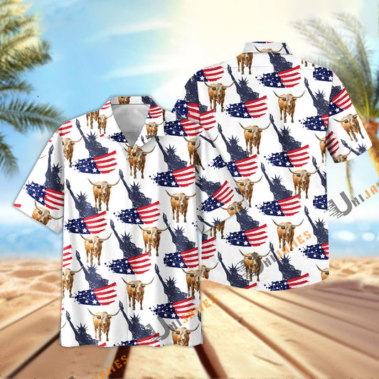 Uni Texas Longhorn US Flag and Liberty Pattern Hawaiian Shirt