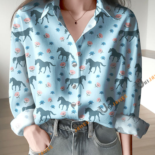 Unique Horse Flower Blue Pattern Casual Shirt