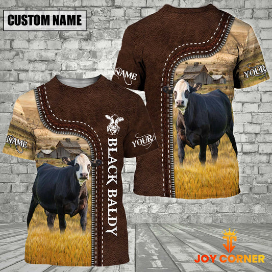 Uni Black Baldy Farm Custom Name Leather Pattern T-Shirt