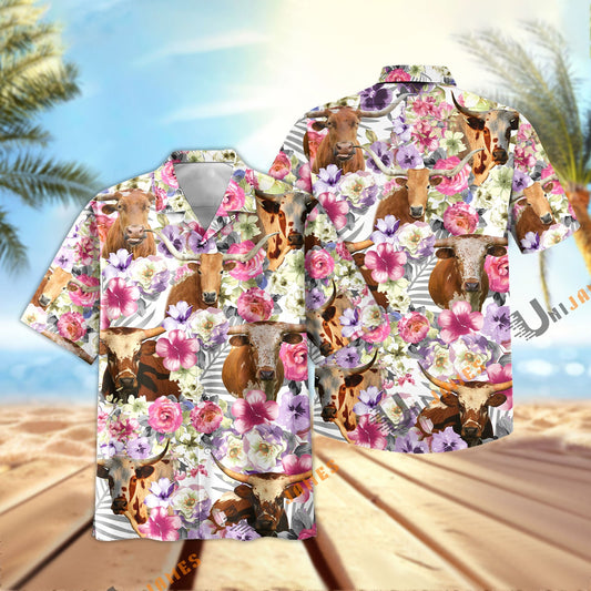 Unique Texas Longhorn Seamless Floral Pattern 3D Hawaiian Shirt