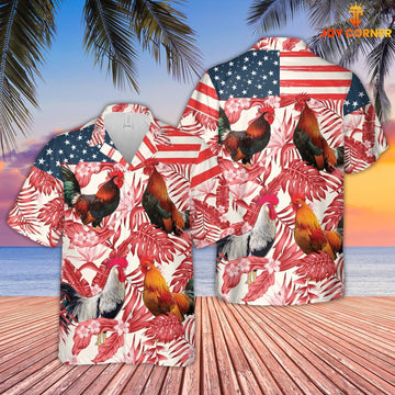Unique Rooster Red Floral US Flag 3D Hawaiian Shirt