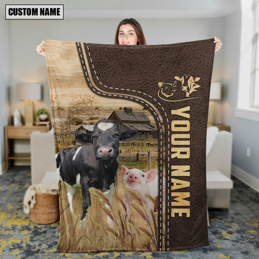 Uni Personalized Name Pig and Cows Leather Pattern Blanket
