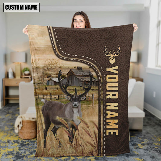 Uni Rain Deer Custom Name Leather Pattern Blanket