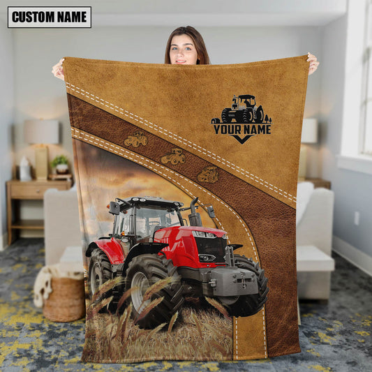 Uni Personalized Name Red Tractor In Field Farmhouse Blanket