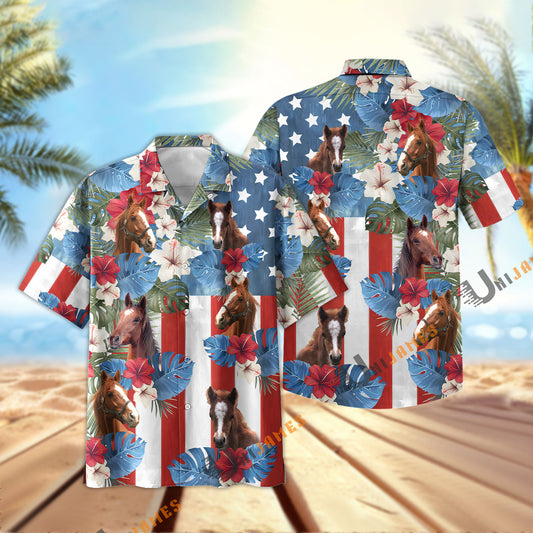 Uni Horse US Flag Vintage 3D Hawaiian Shirt