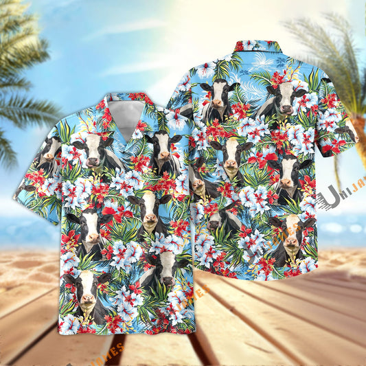 Unique Holstein Red and White Flowers 3D Hawaiian Shirt