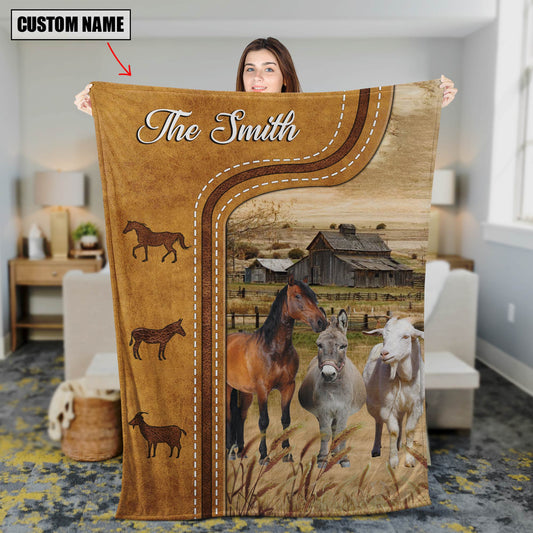 Uni Personalized Horse, Donkey and Goat In Field Farmhouse Blanket