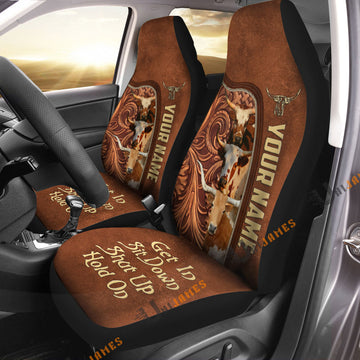 Uni Texas Longhorn Personalized Name Farming Life Leather Pattern Car Seat Covers Universal Fit (2Pcs)