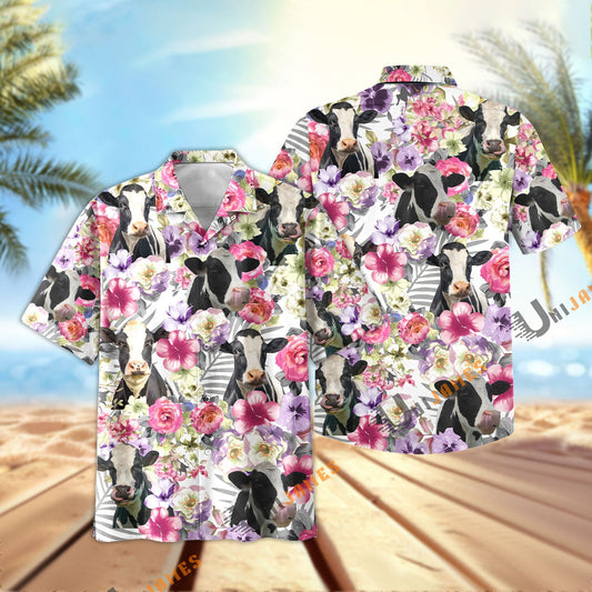 Unique Holstein Seamless Floral Pattern 3D Hawaiian Shirt