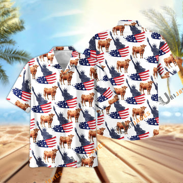 Uni Red Angus US Flag and Liberty Pattern Hawaiian Shirt