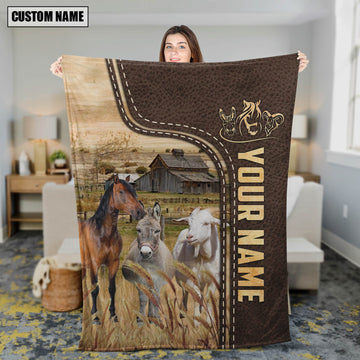 Uni Personalized Name Horse, Donkey and Goat Leather Pattern Blanket