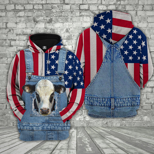 Uni Black Baldy Cattle US Flag Farm Personalized 3D Hoodie