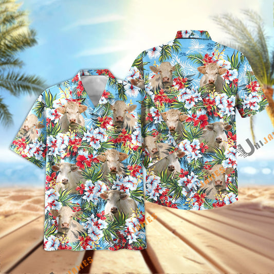 Unique Charolais Red and White Flowers 3D Hawaiian Shirt