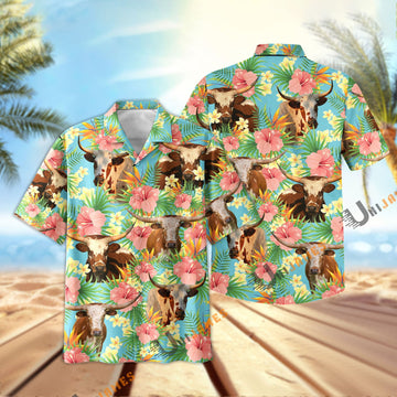 Uni Texas Longhorn Tropical Plants Leaves 3D Hawaiian Shirt